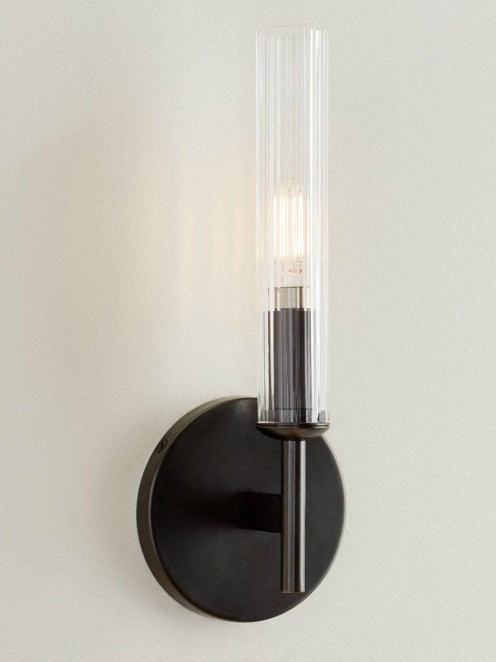 Pottery Barn Cooper Ribbed Glass Tube Sconce 13" Antique Bronze Lighting Decor